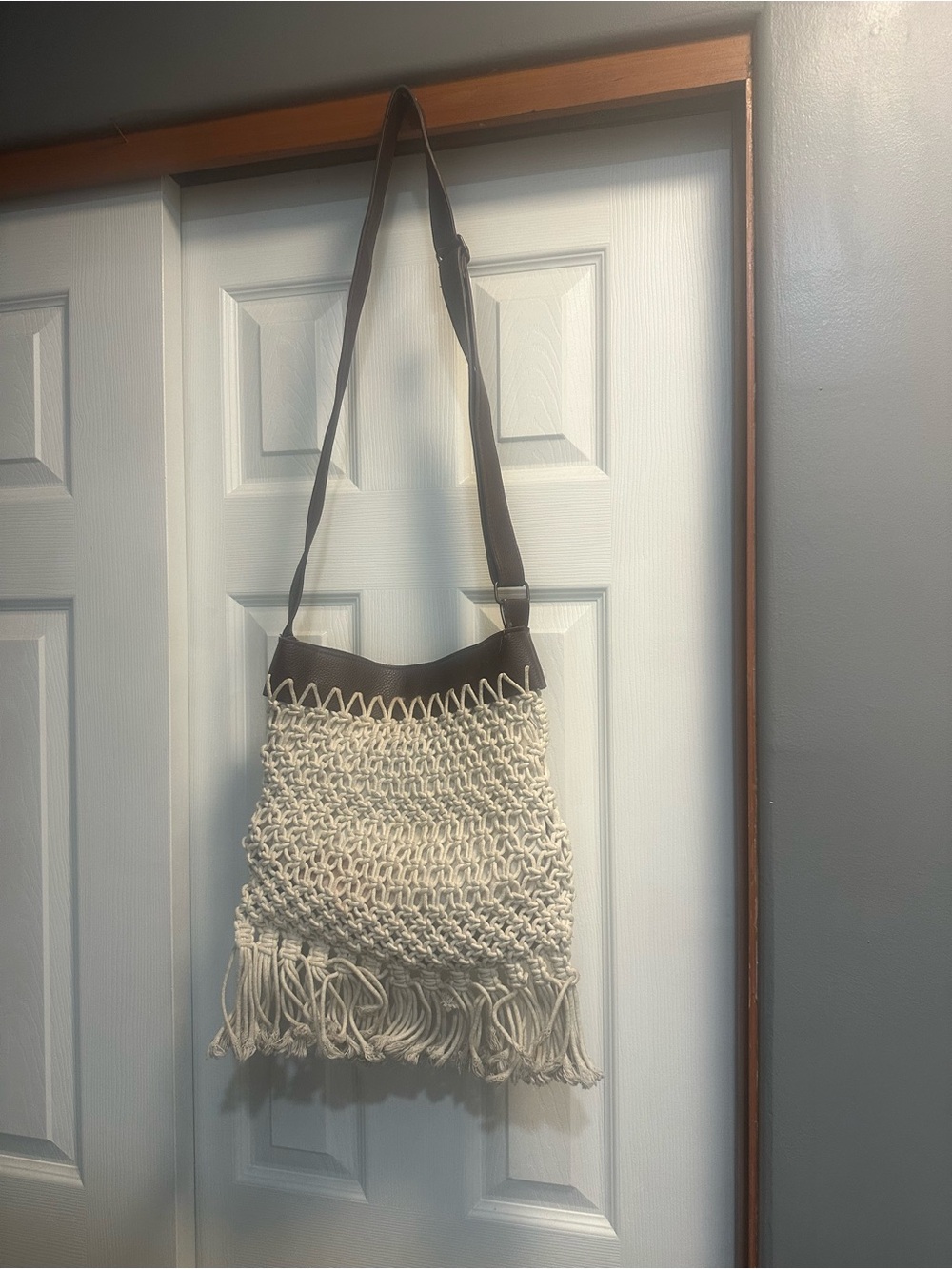 Street Level Cream Macramé Fringe Shoulder Bag with Brown Strap